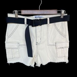 Kreamy Cut Off Shorts Womens Large Belted Raw Hem Y2K Contrast Stitching‎ Boho